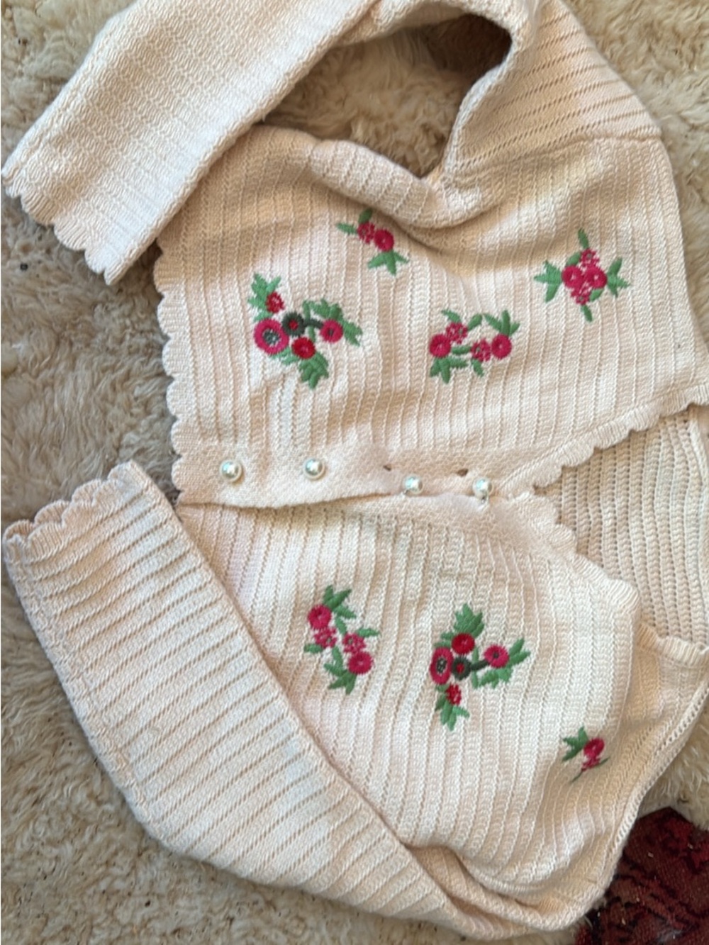 Cream Floral Embroidered Cardigan with Pearl Buttons🩷